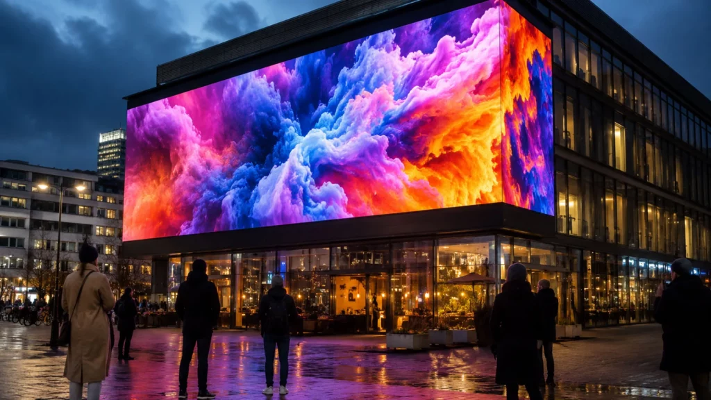 Auffälliger digitaler Werbescreen für kreative Außenwerbung auf einem Platz in einer deutschen Stadt