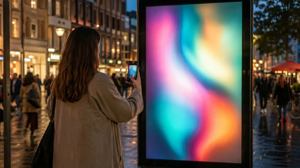 Passant scannt mit dem Smartphone einen digitalen DOOH-Werbescreen in einer abendlichen Fußgängerzone