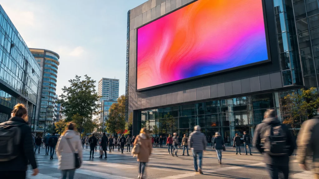Großer digitaler Outdoor-LED-Screen für DOOH-Werbung an einer Gebäudefassade über einem belebten Stadtplatz