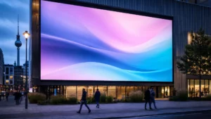 Leuchtende LED-Wand an einer Hausfassade in einer deutschen Innenstadt zur blauen Stunde