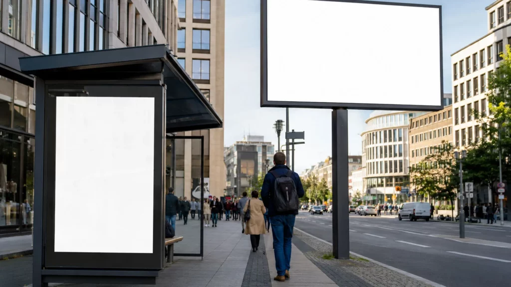 Verschiedene Formate der Plakatwerbung in einer deutschen Innenstadt mit Großfläche und City-Light-Poster