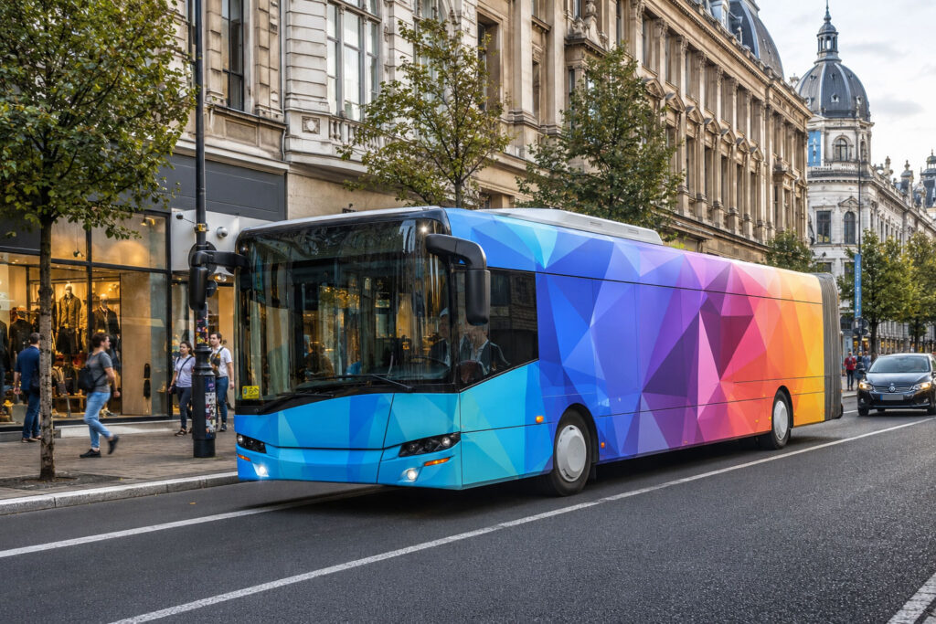 Werbebeklebter Bus im Stadtverkehr – mobile Außenwerbung im Vergleich zu stationärem DOOH
