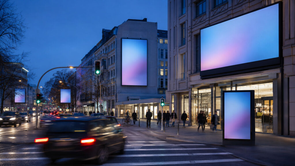 Digitale Plakatwände leuchten an einer Straße in einer deutschen Stadt — Symbolbild für die Buchung digitaler Außenwerbung.