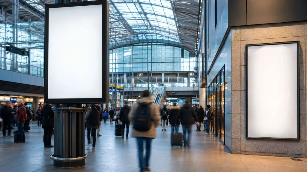 Reisende und Pendler in einer hellen Bahnhofshalle, daneben ein digitaler Werbescreen und eine City-Light-Werbefläche