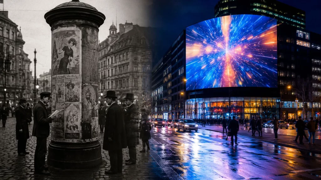 Historische Plakatwand aus den 1920er Jahren neben einem modernen digitalen Billboard in der Stadt
