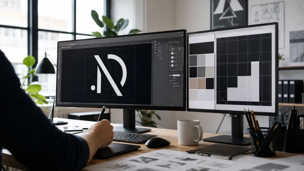 Designworkplace mit Plakatwerbung-Entwurf auf dem Monitor – Motive und Layouts für Außenwerbung