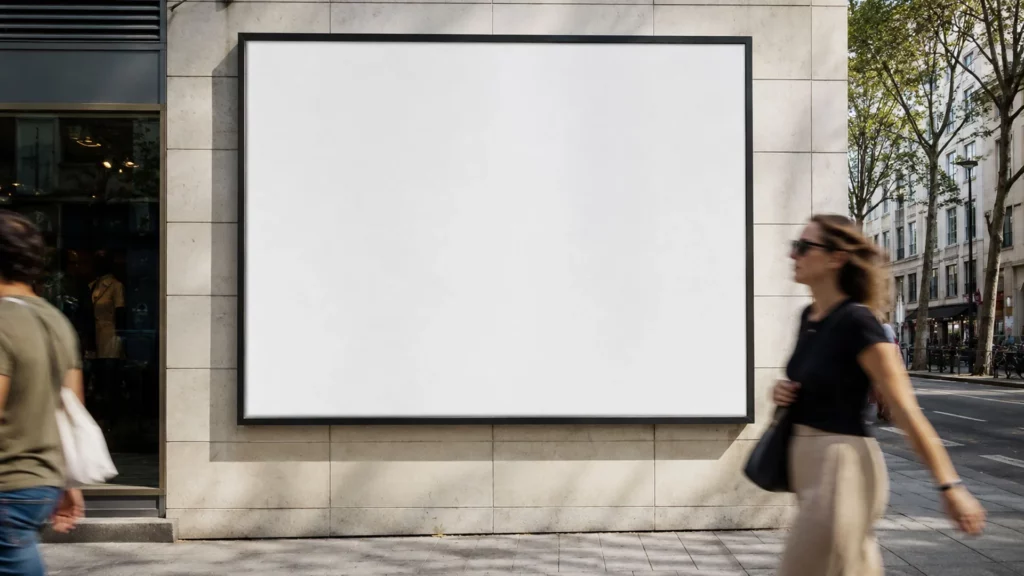 Großflächige Plakatwerbung an einer Hauswand in einer deutschen Innenstadt mit Passanten