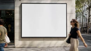 Großflächige Plakatwerbung an einer Hauswand in einer deutschen Innenstadt mit Passanten