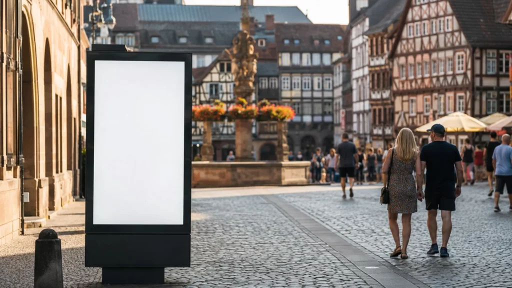 Digitales Werbedisplay in einer historischen Altstadt-Fußgängerzone als Beispiel für digitale Außenwerbung in Altstädten