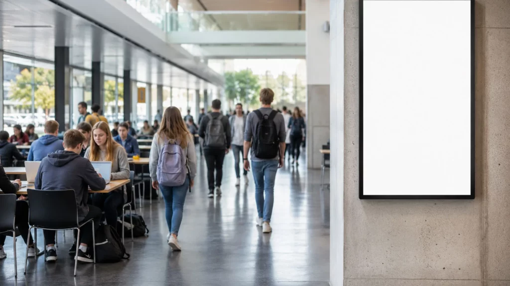 Digitales Werbedisplay in einer Universitäts-Mensa als Beispiel für digitale Außenwerbung an Universitäten
