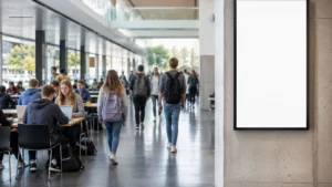Digitales Werbedisplay in einer Universitäts-Mensa als Beispiel für digitale Außenwerbung an Universitäten