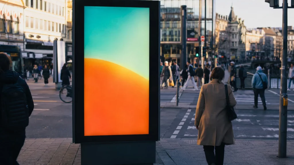 Digitaler DOOH-Screen an einer belebten Kreuzung in einer deutschen Stadt mit Passanten und Verkehr