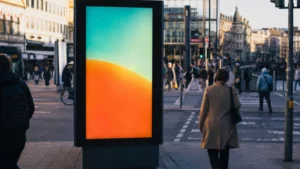 Digitaler DOOH-Screen an einer belebten Kreuzung in einer deutschen Stadt mit Passanten und Verkehr