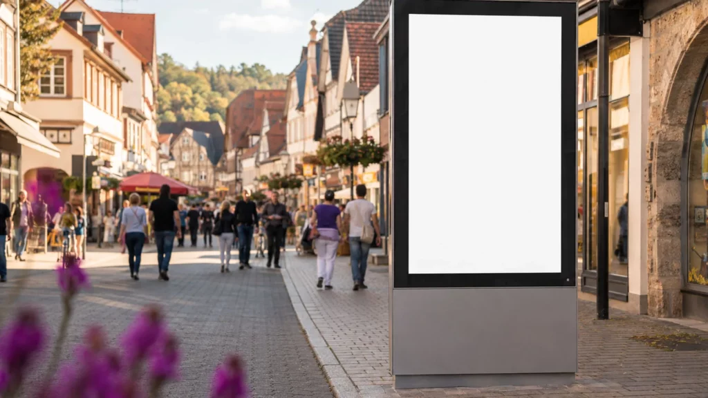 Digitale Werbefläche in einer Innenstadt als Beispiel für regionale Werbung mit digitaler Außenwerbung