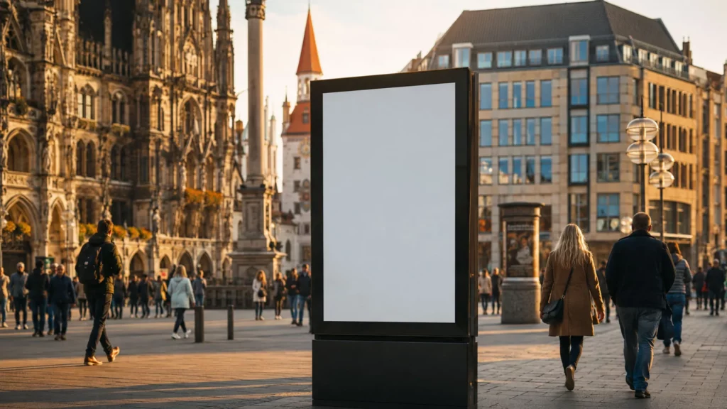 Digitales Werbedisplay an einem belebten Stadtplatz als Beispiel für Standorte für digitale Außenwerbung