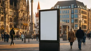 Digitales Werbedisplay an einem belebten Stadtplatz als Beispiel für Standorte für digitale Außenwerbung