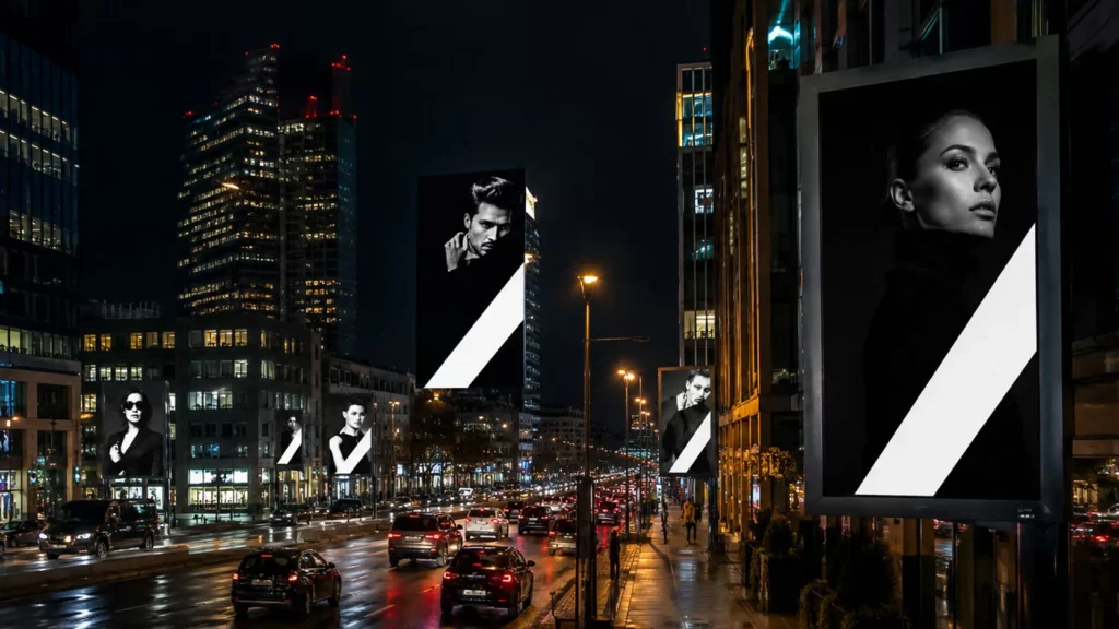 Digitale Werbeflächen mit schwarz-weißen Plakatmotiven an einer belebten Stadtstraße bei Nacht