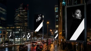 Digitale Werbeflächen mit schwarz-weißen Plakatmotiven an einer belebten Stadtstraße bei Nacht